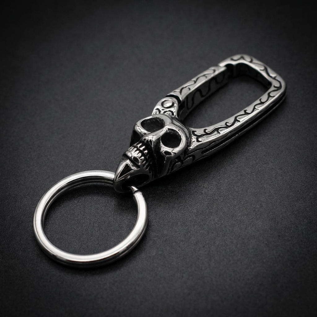 Highly detailed Gothic Carved Skull Keychain made from polished 316L stainless steel, showcasing intricate bone structure.