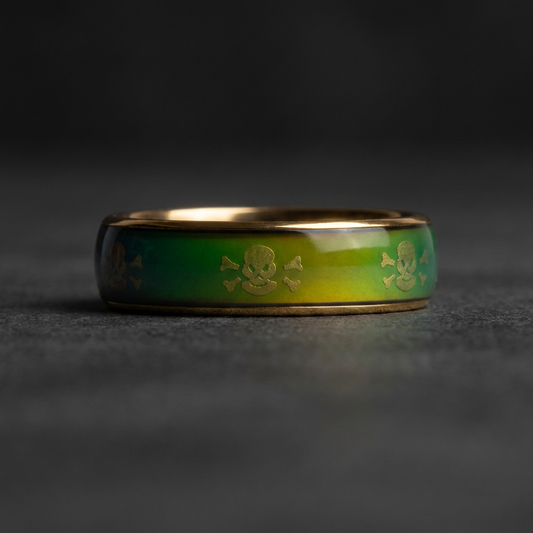 Polished Skull Band, 316L stainless steel unisex ring with gold accent and temperature-reactive skull motif, showing green and blue hues.
