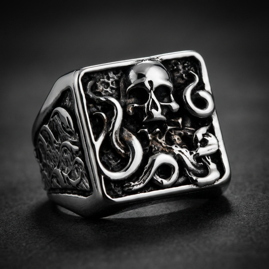 Kraken Skull Plunder Ring in polished 316L stainless steel, featuring a prominent skull engulfed by intricate octopus tentacles, symbolizing dark power and plunder.