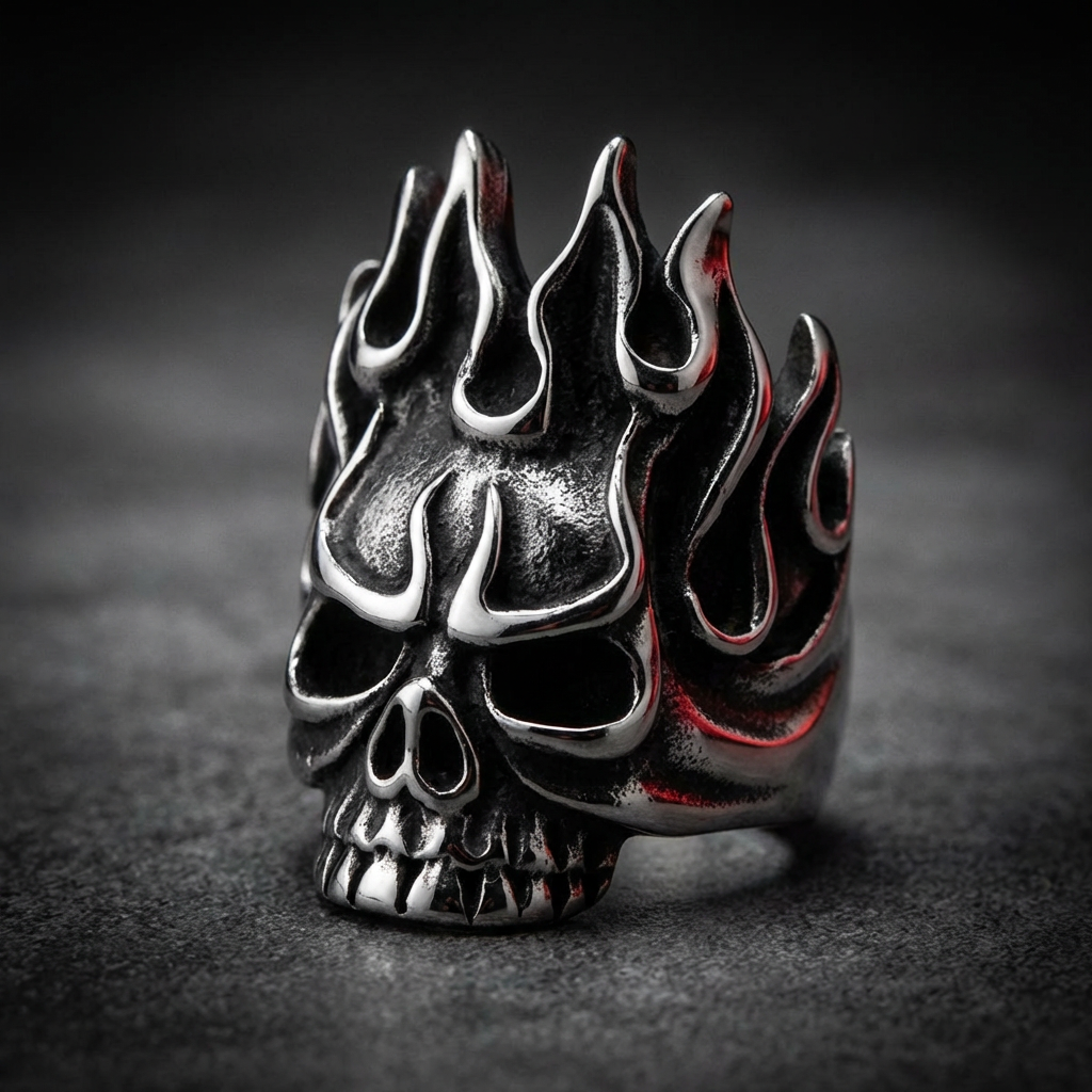 Hellfire Skull Ring made of 316L stainless steel, featuring a prominent skull design with fiery flame accents on the sides, casting dramatic shadows.