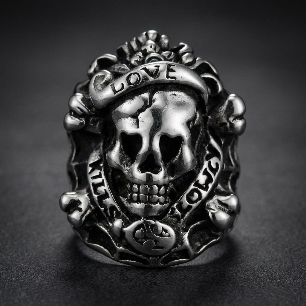 Love Kills Ring, aggressive skull ring in 316L stainless steel, brutal biker jewelry