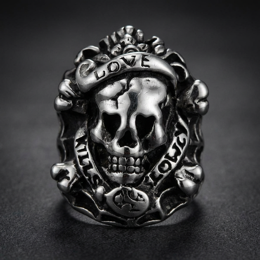 Love Kills Ring, aggressive skull ring in 316L stainless steel, brutal biker jewelry