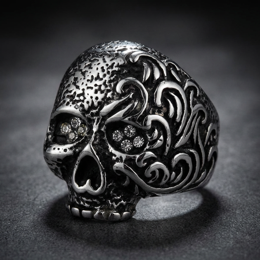Rock 'N Roll Fantasy skull ring 316L stainless steel with intricate rock and roll themed details