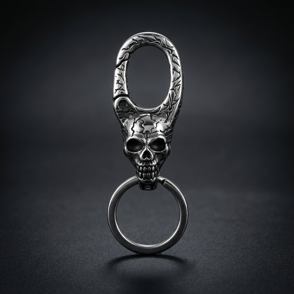 Bone Keeper Keychain, 316L stainless steel skull keyring with intricate bone details, holding a set of keys against a dark background.
