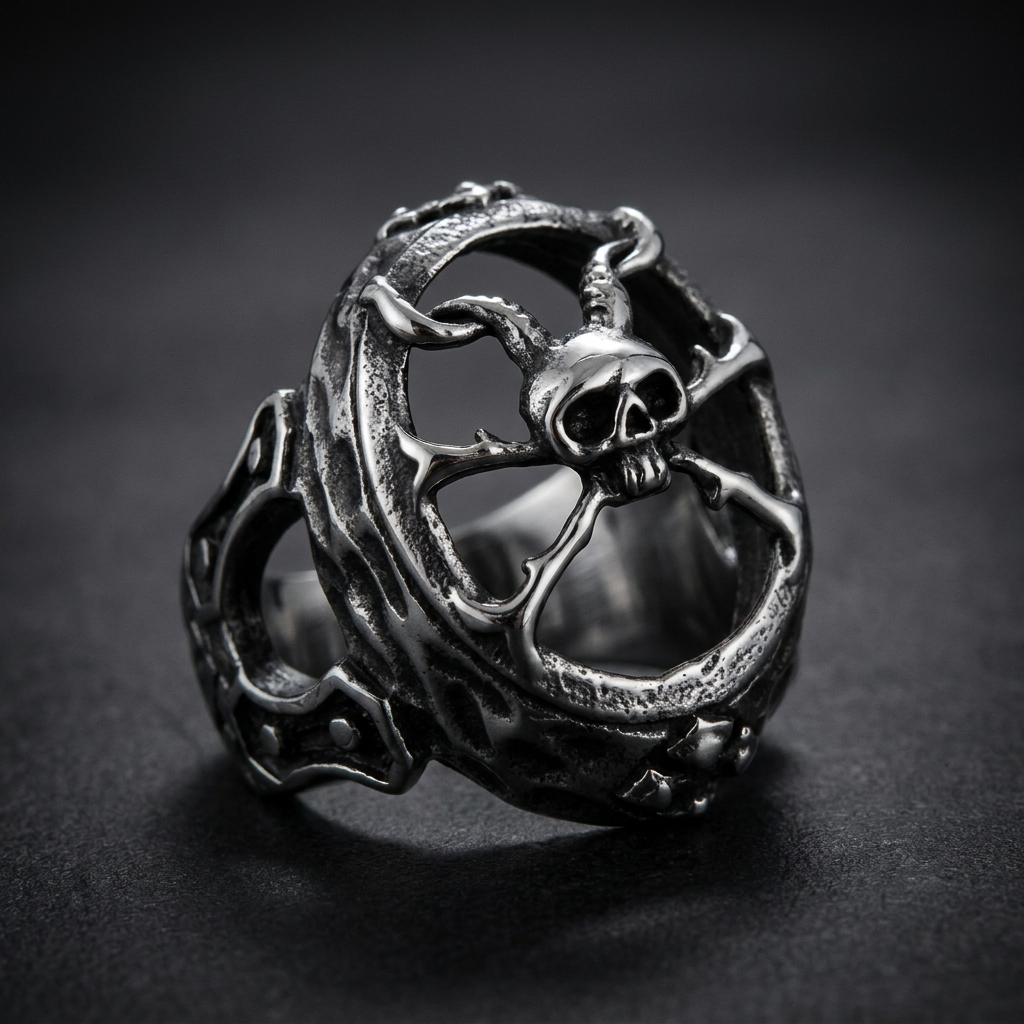 Midnight Skull Filigree Ring made from 316L stainless steel, featuring intricate skeletal filigree details and a dark, gothic aesthetic.