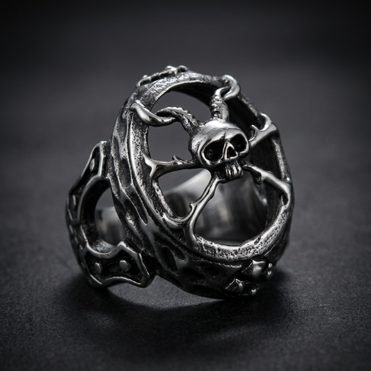 Midnight Skull Filigree Ring made from 316L stainless steel, featuring intricate skeletal filigree details and a dark, gothic aesthetic.