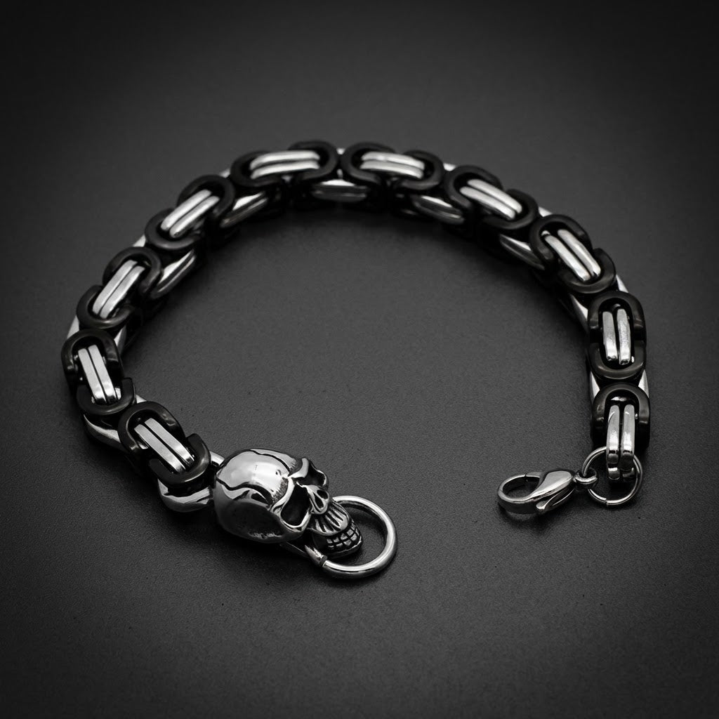 Shadow Skull Byzantine Bracelet made from 316L stainless steel, featuring a dark byzantine chain and a stylized skull pendant.