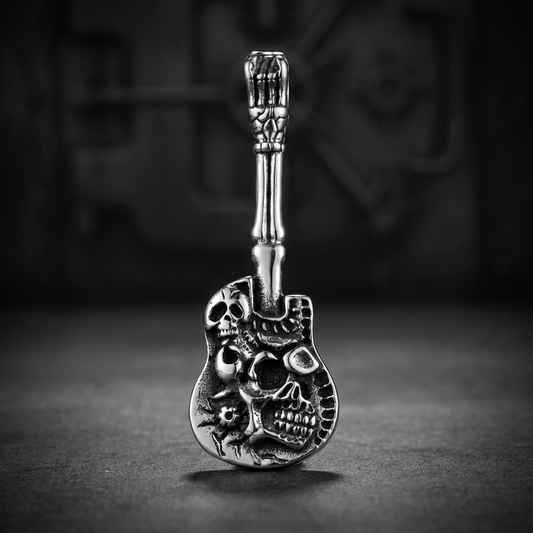 Death Guitar Skull sterling steel pendant, featuring a detailed skull merged with a guitar design, gothic jewelry for men and women