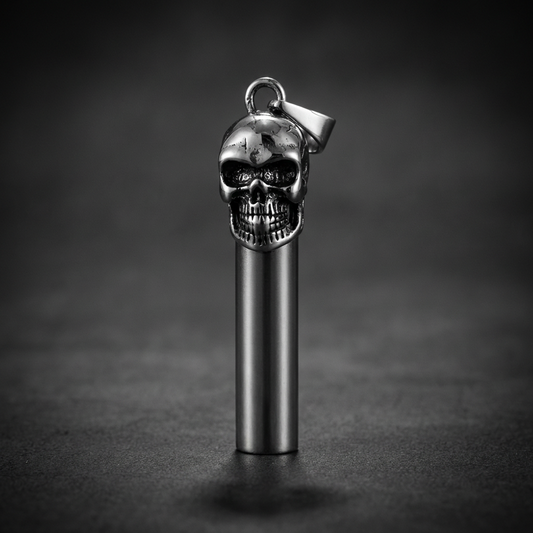 A menacing silver savage skull whistle pendant, crafted from polished 316L stainless steel, showcasing intricate skull details.