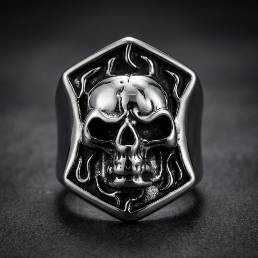 Imposing Siege Vanguard skull ring crafted from polished 316L surgical-grade stainless steel with intricate, aggressive detailing.