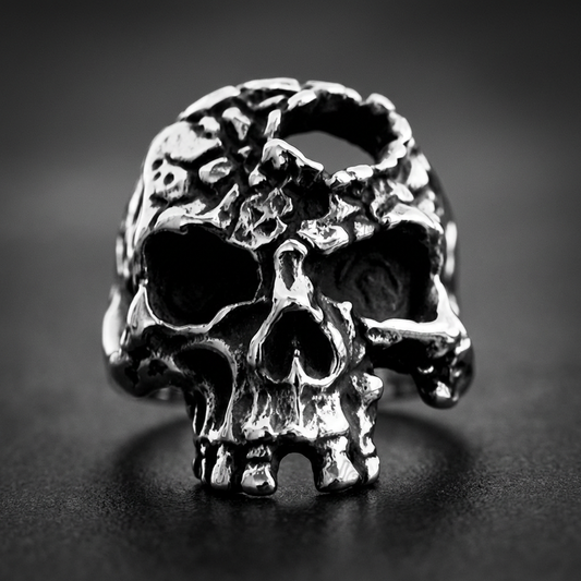 Killshot Skull Ring, front view, crafted from 316L stainless steel, featuring a textured and aggressive skull design.