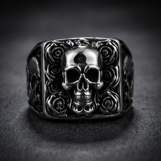 Crimson Skull ring crafted from heavy 316L stainless steel, embodying a bold and aggressive biker style.
