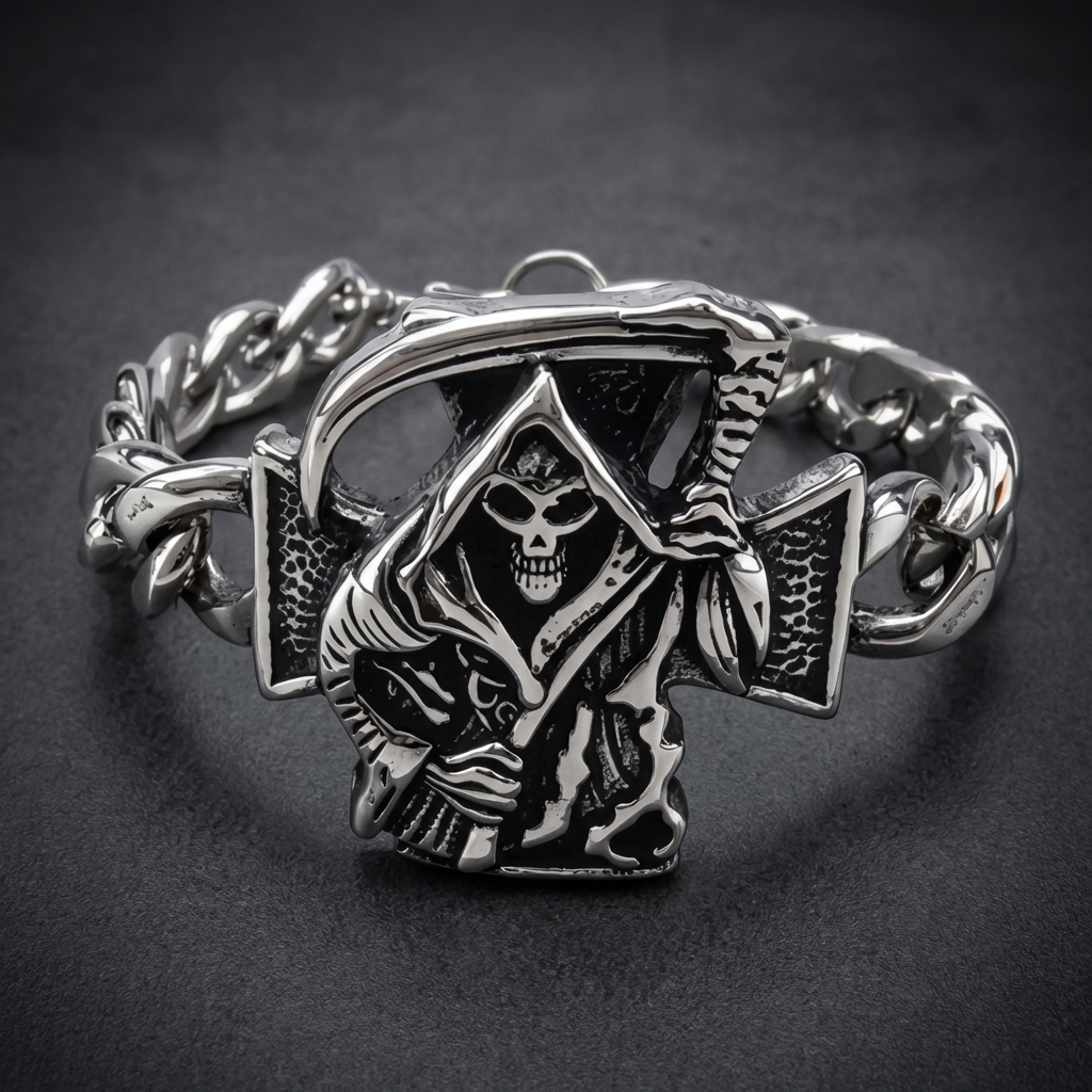 Thick 316L stainless steel Curb / Cuban Link bracelet with a large ornate grim reaper skull and scythe design on a cross. Darkened details in the skull and reaper.