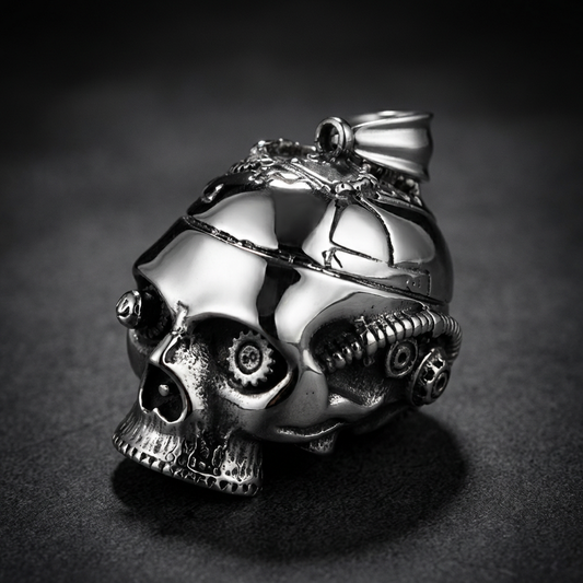 Large 88-gram Steampunk Skull Pendant in 316L stainless steel, showcasing intricate gears and a rugged industrial design.