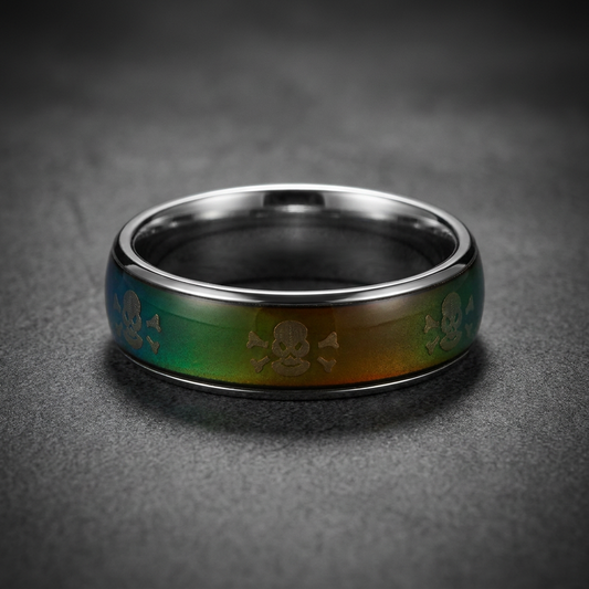 A commanding 316L stainless steel Skull Mood Ring featuring an intricately detailed skull motif with a prominent, color-changing mood stone centered within the design.