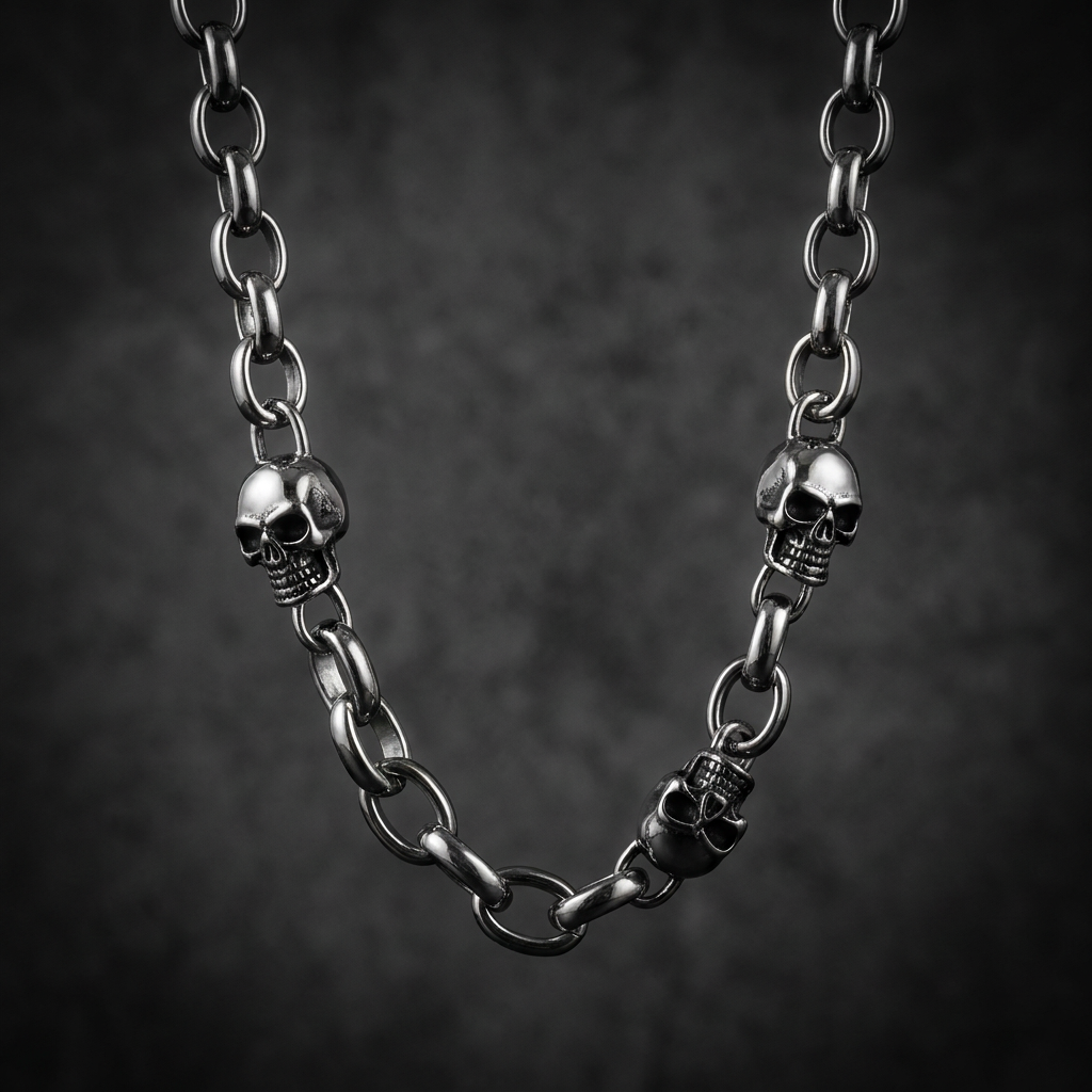 Polished 316L stainless steel necklace with multiple skull motifs and heavy Belcher Rolo chain links, featuring a Toggle clasp.