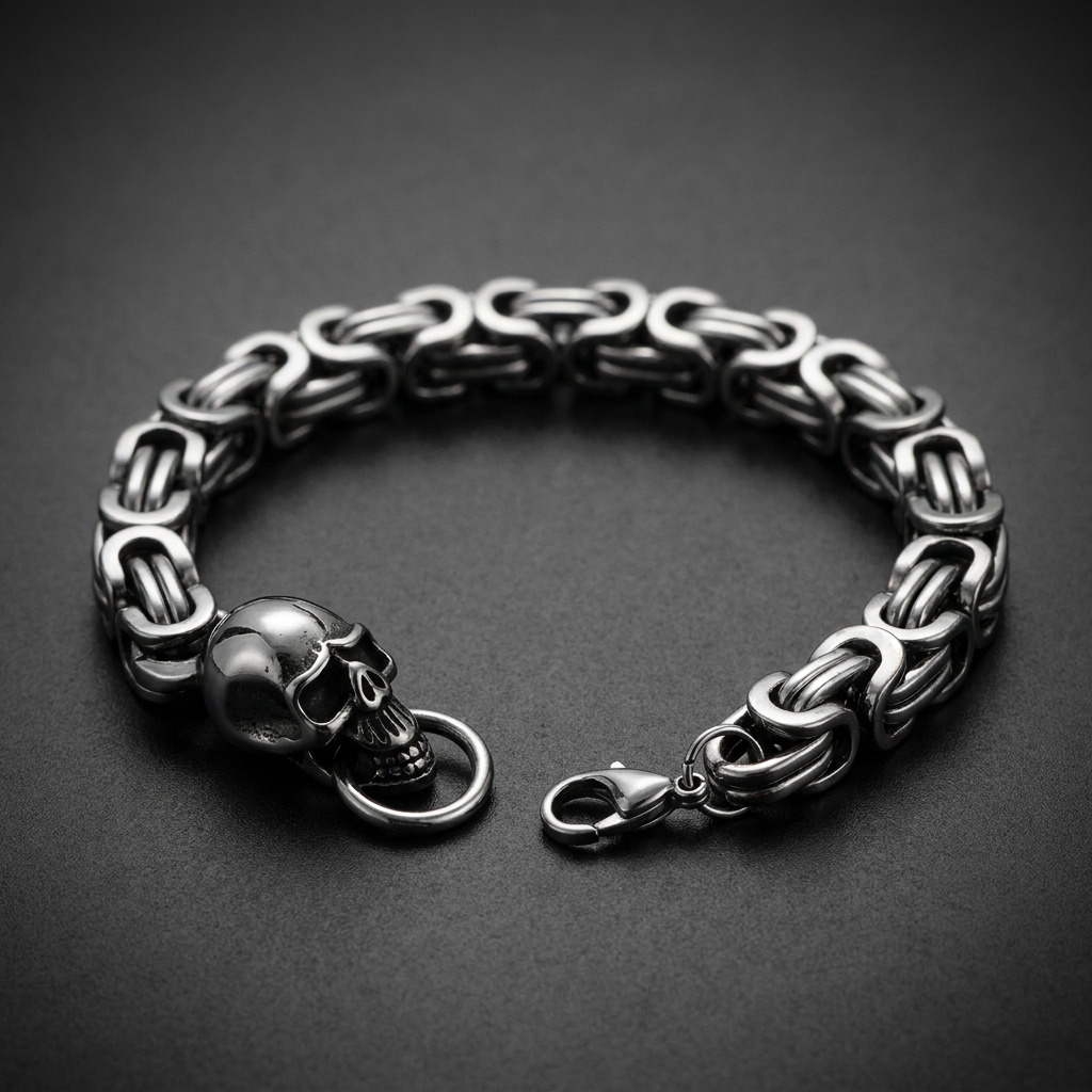 Grim Skull Nightchain Bracelet 316L stainless steel biker punk jewelry with intricate chain links and a prominent skull emblem