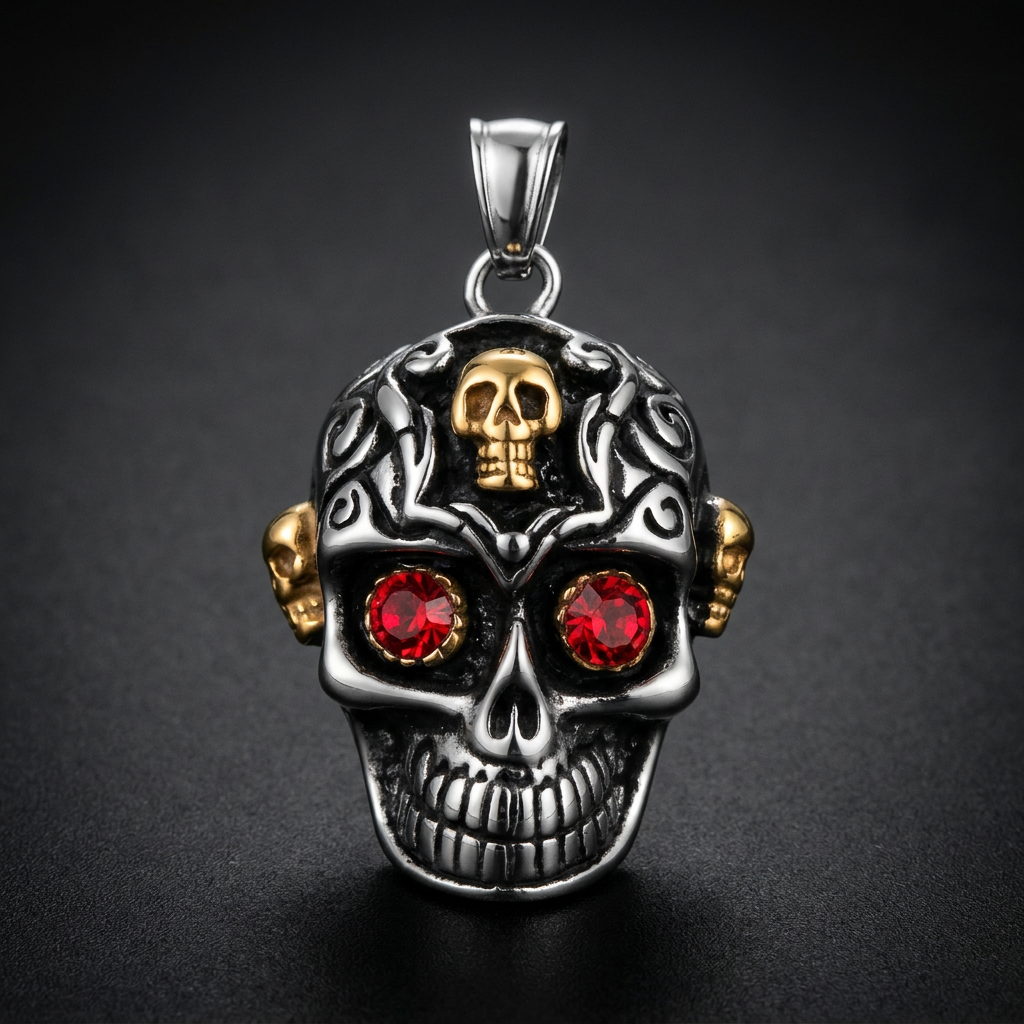 Oracle Skull Pendant, detailed 316L stainless steel skull pendant with red eyes, oxidized finish, and twin gold-toned skulls.