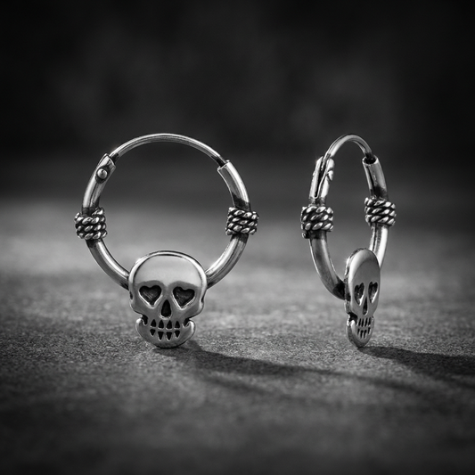 Pair of Gothic Skull Drop earrings made from 316L surgical stainless steel, featuring intricate skull designs dangling from hooks.