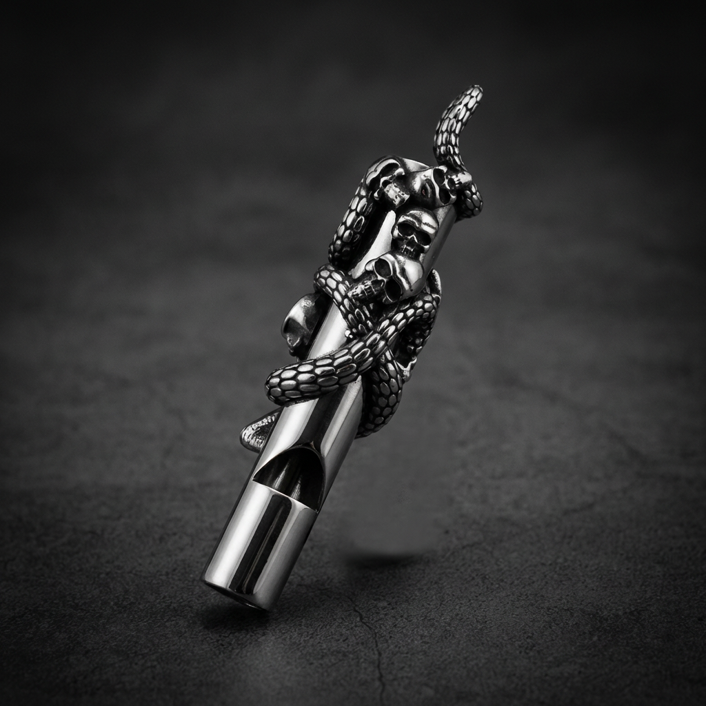 Serpent Skull Whistle crafted from 316L stainless steel, featuring a coiled serpent and detailed skulls integrated into the design.