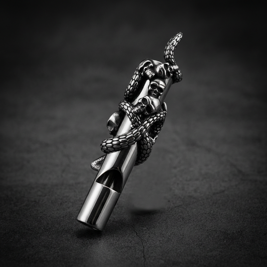 Serpent Skull Whistle crafted from 316L stainless steel, featuring a coiled serpent and detailed skulls integrated into the design.