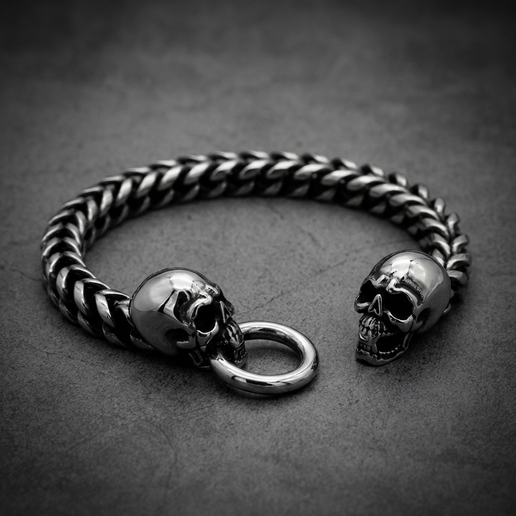 Iron Skulls Conquest double skull bracelet in polished 316L surgical-grade stainless steel, with a foxtail chain.