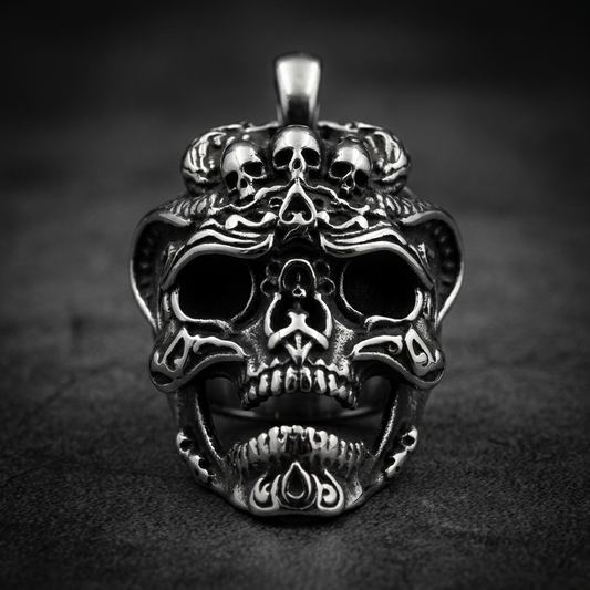 Mauler Annihilator Pendant, 316L stainless steel skull pendant with aggressive details, heavy biker style jewelry.