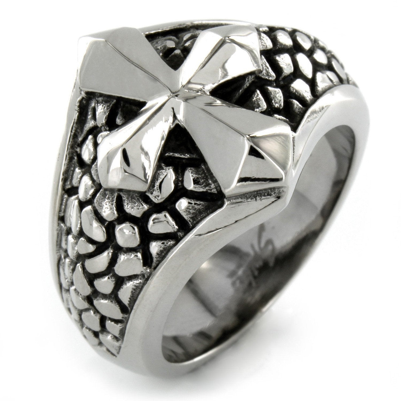 Stainless Steel Ring With Smooth Cross Over a Band of Steel Leather (#396)