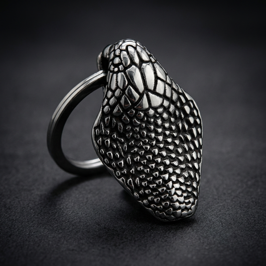 Savage Snake Keychain 316L surgical stainless steel, aggressive snake head design with detailed scales and piercing eyes, metallic sheen.