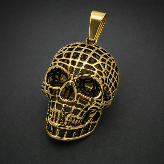Gold 316L stainless steel caged skull pendant featuring an openwork lattice frame and heavy bail