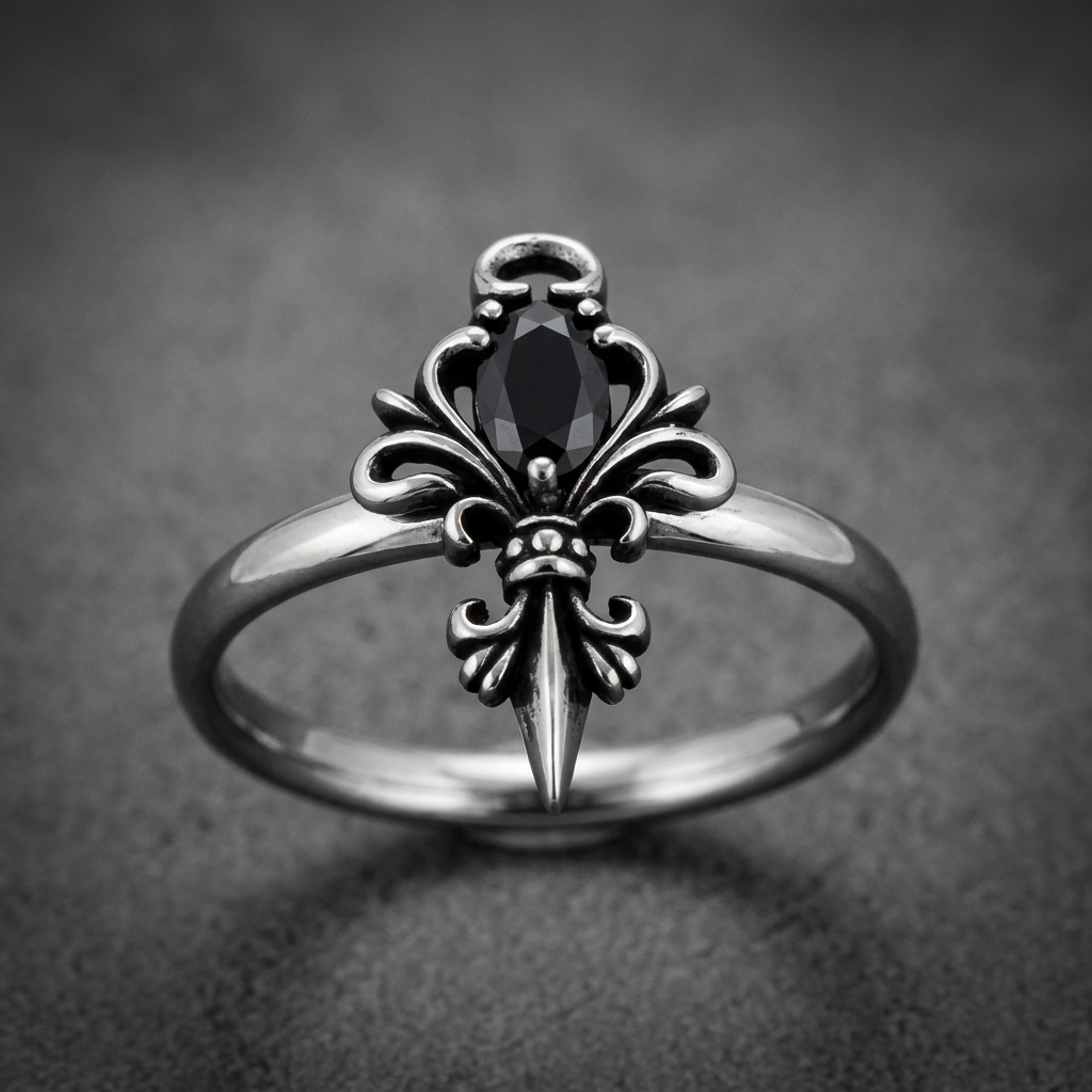 Sovereign Fleur Ring, 316L surgical stainless steel, dark finish, featuring a prominent fleur-de-lis with a marquise-cut black stone.
