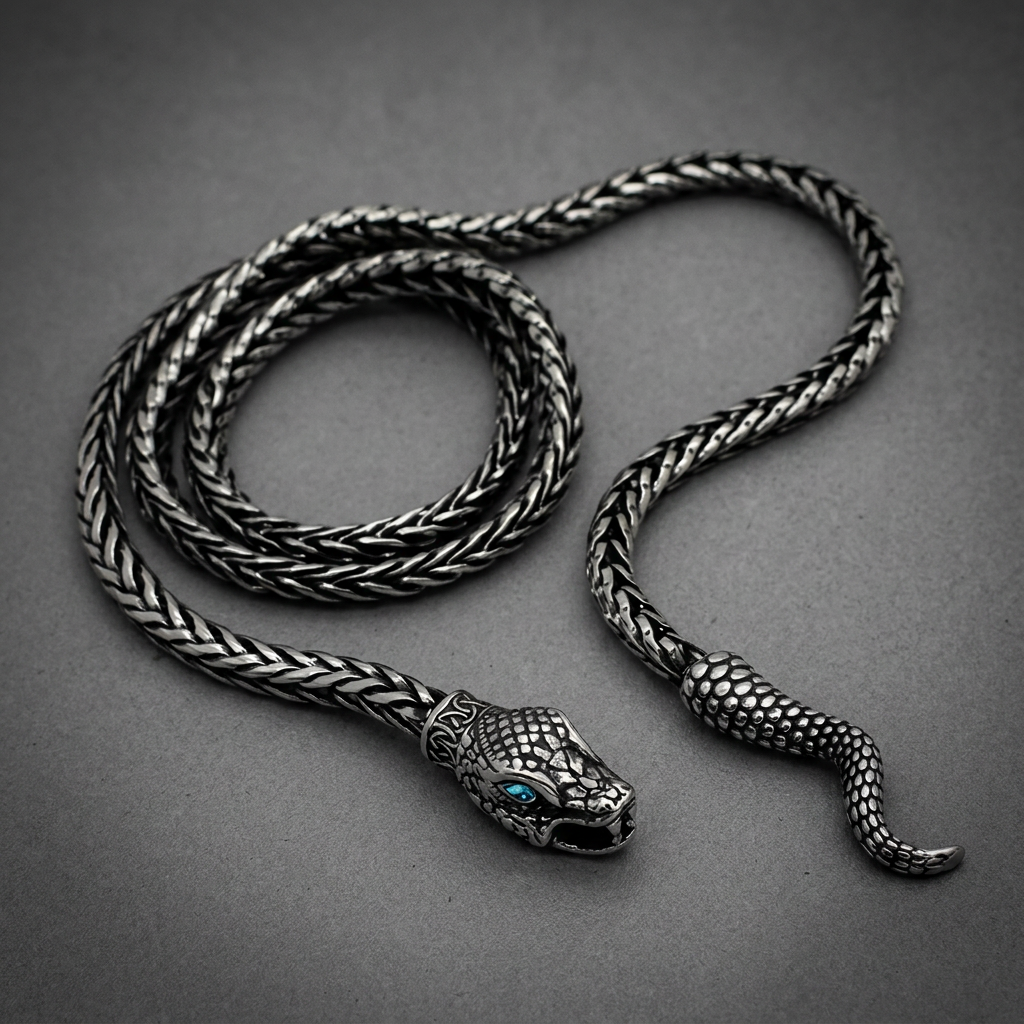Sovereign Serpent Chain 316L stainless steel necklace with intricate serpent head and tail, blue eyes, braided chain.