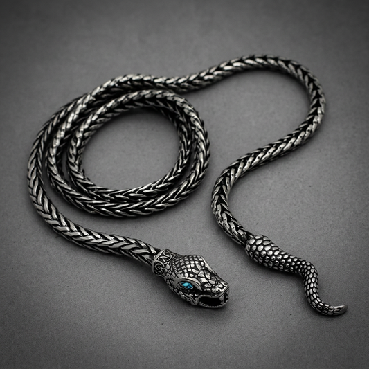 Sovereign Serpent Chain 316L stainless steel necklace with intricate serpent head and tail, blue eyes, braided chain.