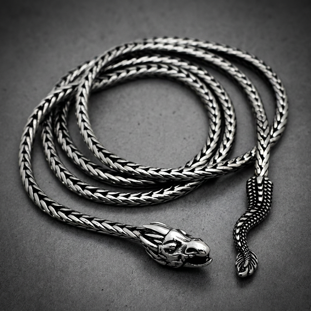 Sovereign Serpent Chain 36 inch necklace in 316L stainless steel, featuring a detailed serpent head clasp and woven chain pattern on a dark background.
