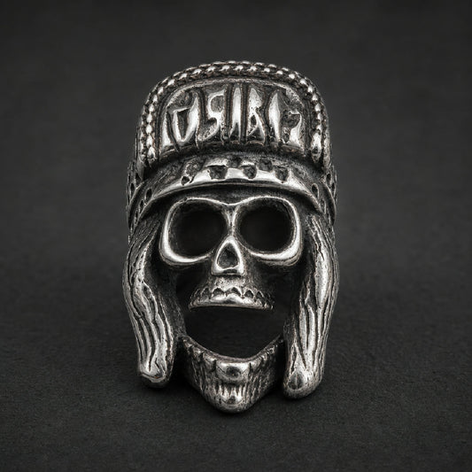 Heavy 316L stainless steel skull ring with an ornate, tribal-style headdress, finished in natural bright silver with dark antique recesses.