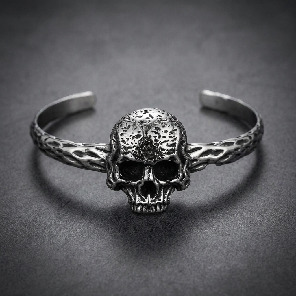Silver 316L stainless steel skull bracelet with a single, highly textured death's head skull, set on a rugged cuff band with an organic, bark-like texture.