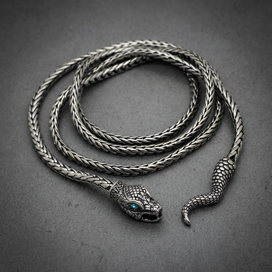 Stygian Serpent 36 inch Chain necklace made of 316L surgical stainless steel with a detailed snake head, blue eyes, and coiled tail design on a dark background.