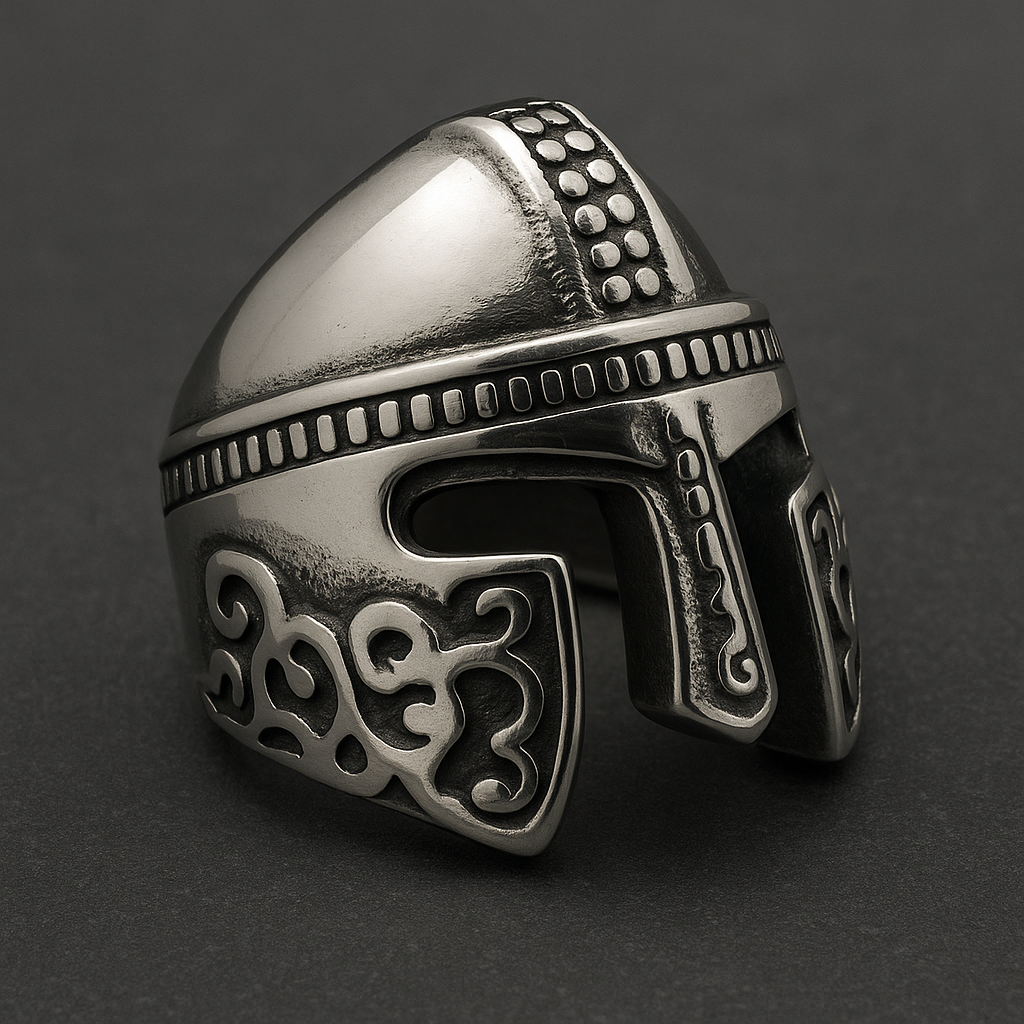 Spartan helmet ring in silver 316L stainless steel with intricate designs