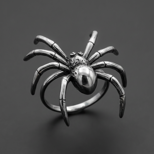 Arachnid Gothic Band 316L stainless steel ring with a detailed spider creature design, polished metal, on a hand.