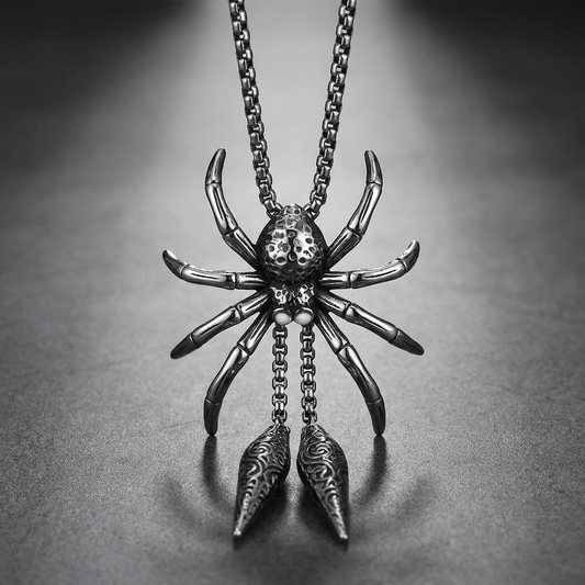 Arcane Spider Relic stainless steel pendant necklace with 34 inch chain, dark mystical spider design with intricate legs, goth jewelry