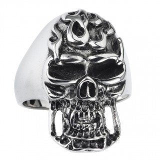 Stainless Steel Skull Ring Long Face With Flames on Forehead