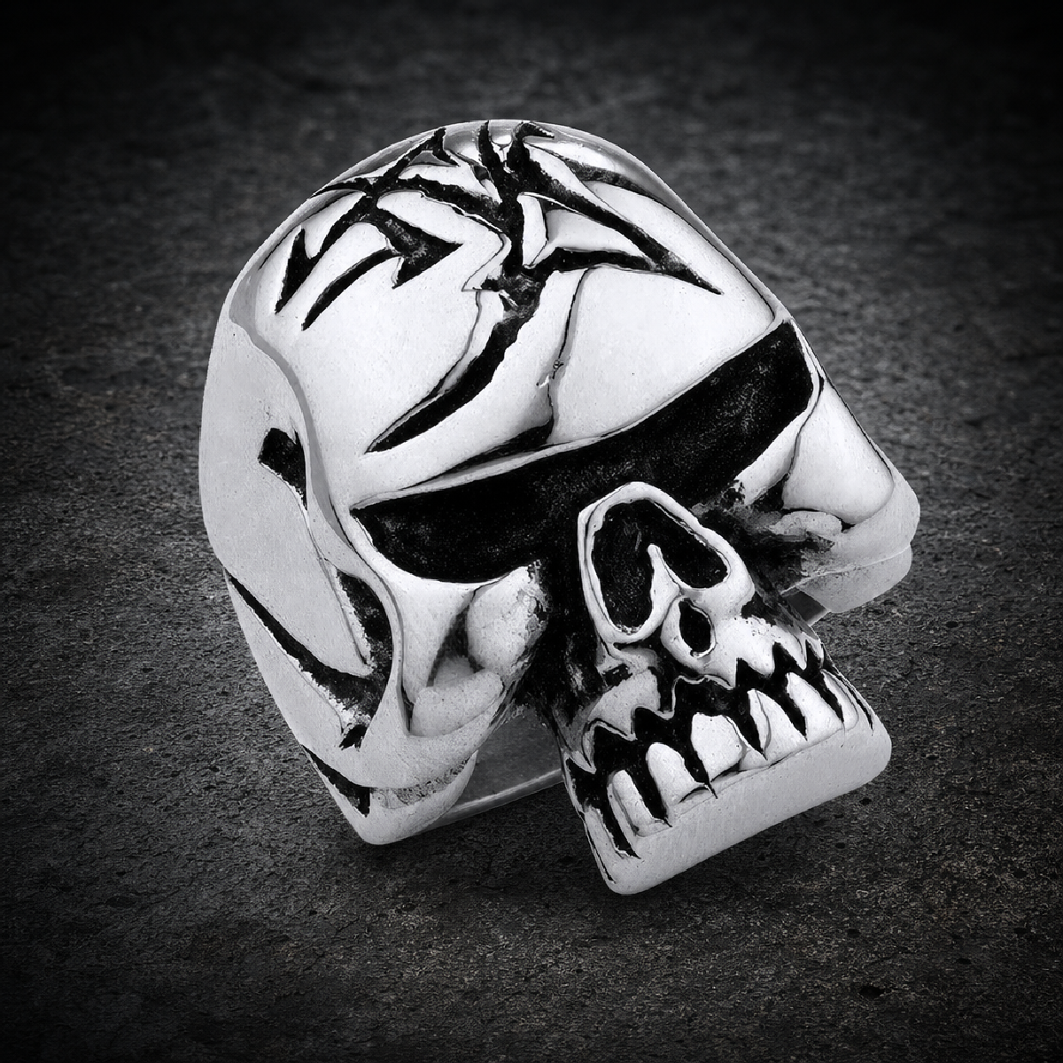 Stainless Steel Big Heavy Solid Jawless Skull Ring With Linear Design On The Head - 316L stainless steel unisex jewelry (1…