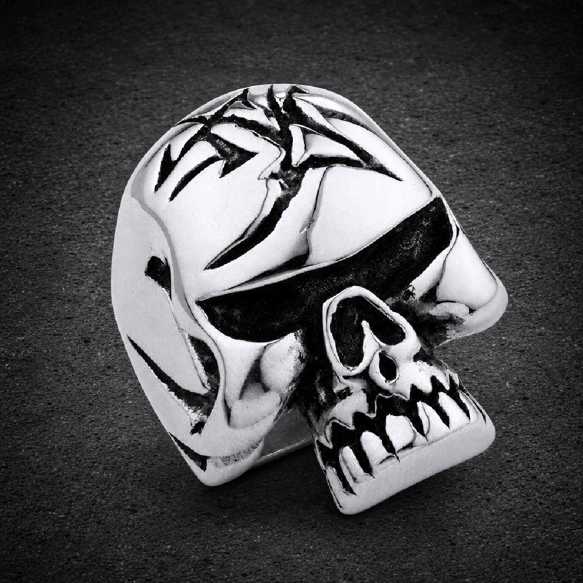Stainless Steel Big Heavy Solid Jawless Skull Ring With Linear Design On The Head - 316L stainless steel unisex jewelry (R…