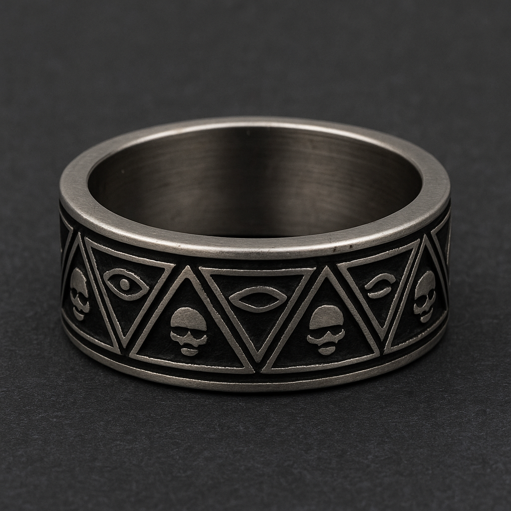 Shadow Vision Band ring featuring intricate designs of eyes and skulls in 316L stainless steel, representing strength and vision.