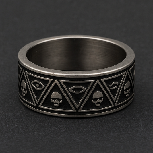 Shadow Vision Band ring featuring intricate designs of eyes and skulls in 316L stainless steel, representing strength and vision.