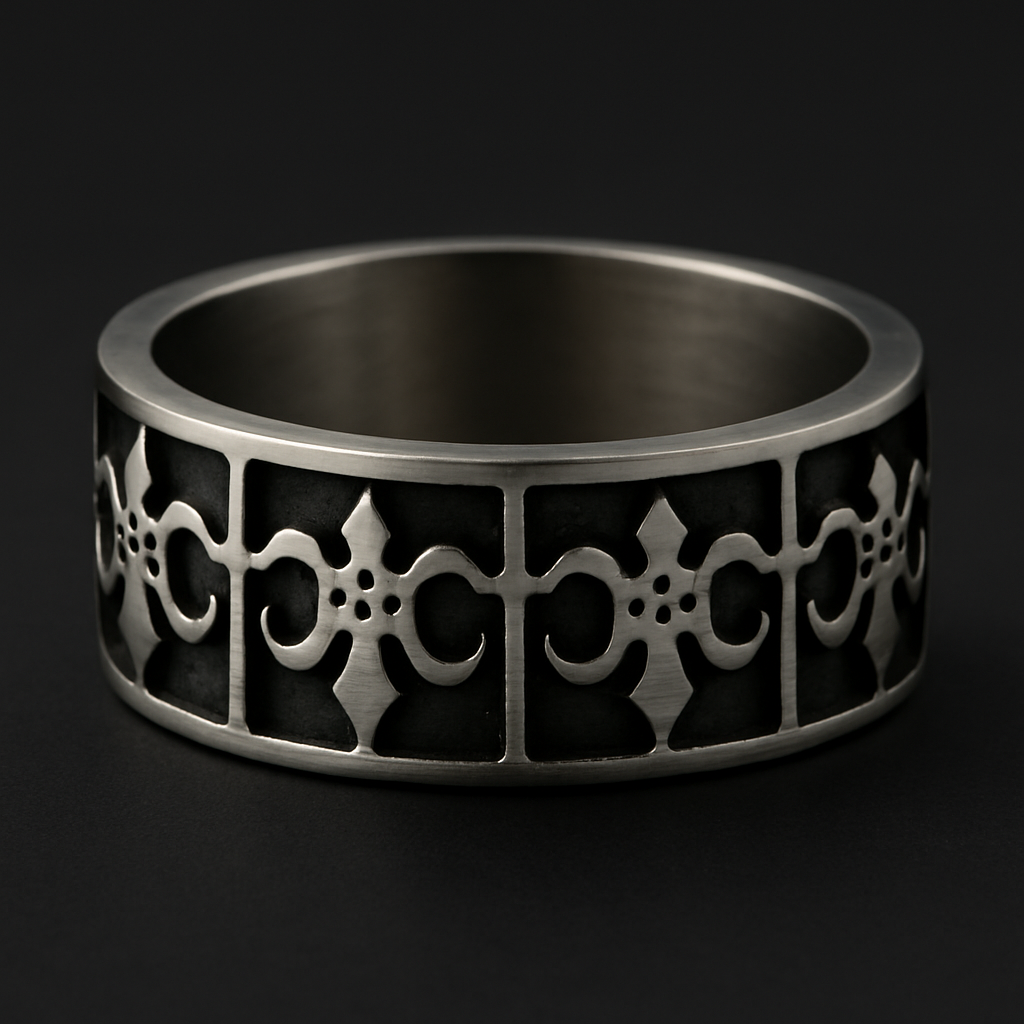 Dark Aura Gothic Band ring made from 316L stainless steel featuring an intriguing gothic pattern for a bold statement.