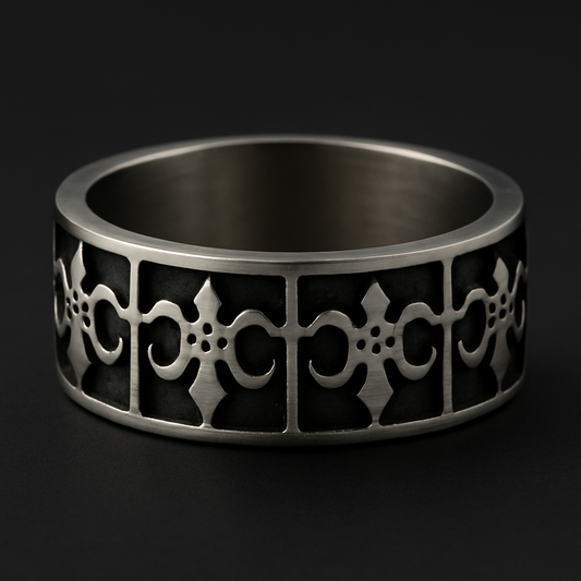 Dark Aura Gothic Band ring made from 316L stainless steel featuring an intriguing gothic pattern for a bold statement.