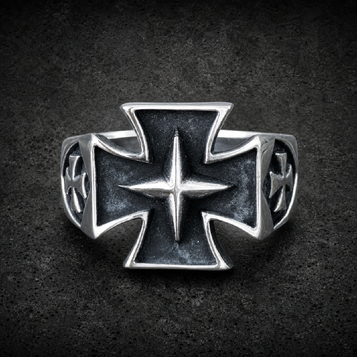 Stainless Steel Iron Cross Ring with Skull on sides - 316L stainless steel unisex jewelry (R0337)