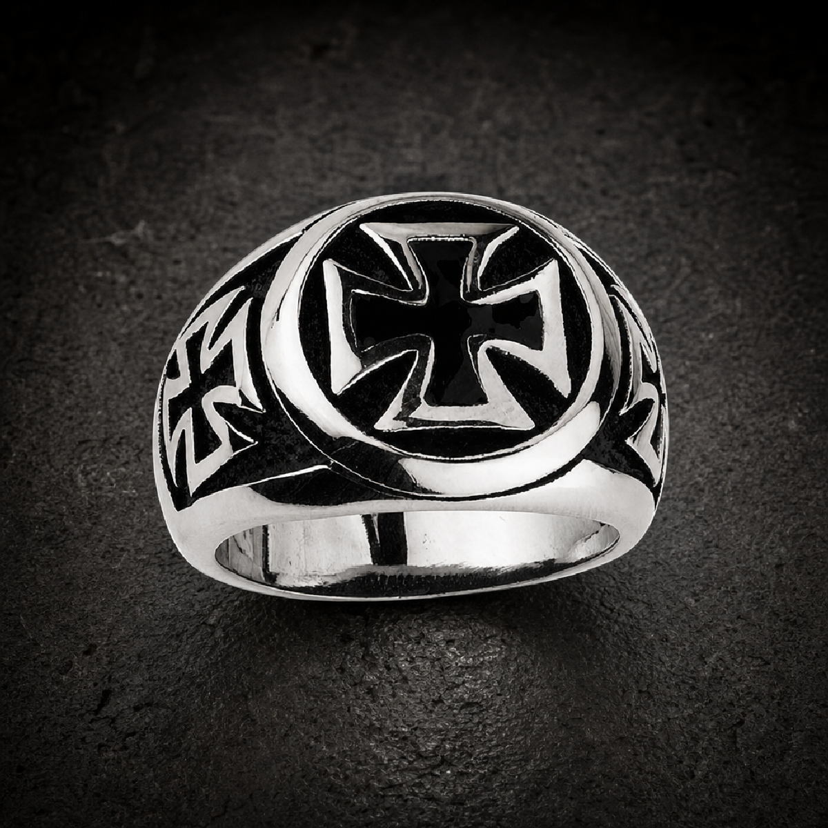 Stainless Steel Iron Cross Ring with Small Iron Crosses on the sides - 316L stainless steel unisex jewelry (R0387)