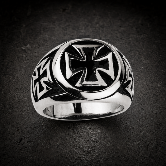 Stainless Steel Iron Cross Ring with Small Iron Crosses on the sides - 316L stainless steel unisex jewelry (R0387)